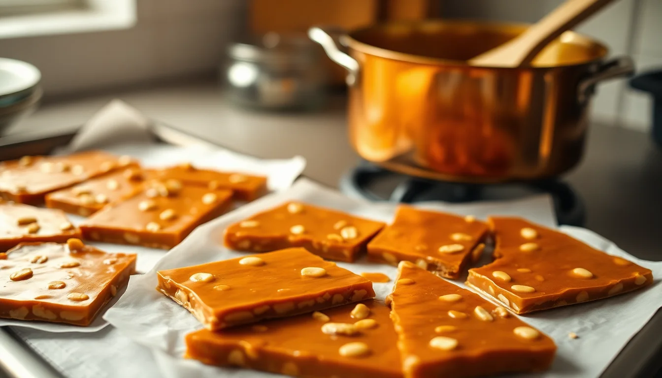 homemade peanut brittle pieces on parchment paper, golden caramel with whole peanuts, close up