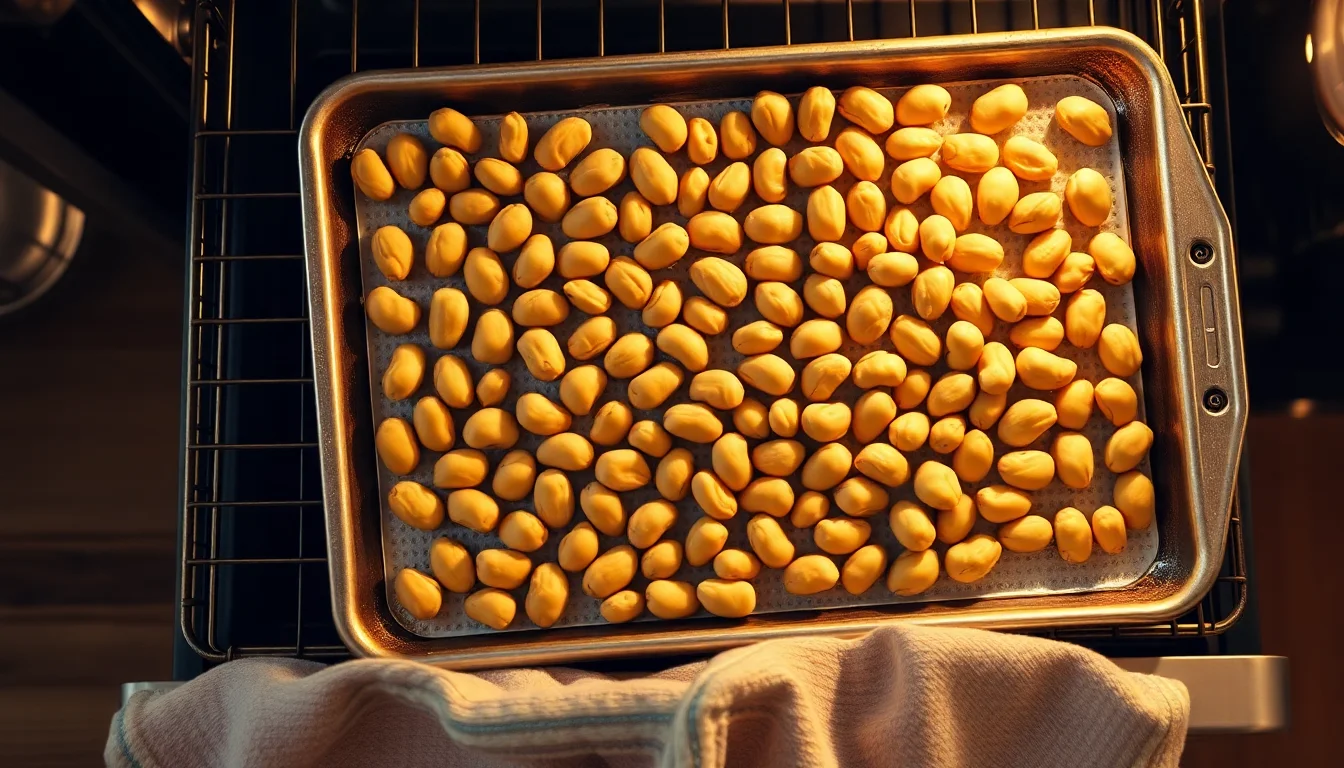 sheet pan of roasting peanuts in oven with golden brown color, home kitchen baking