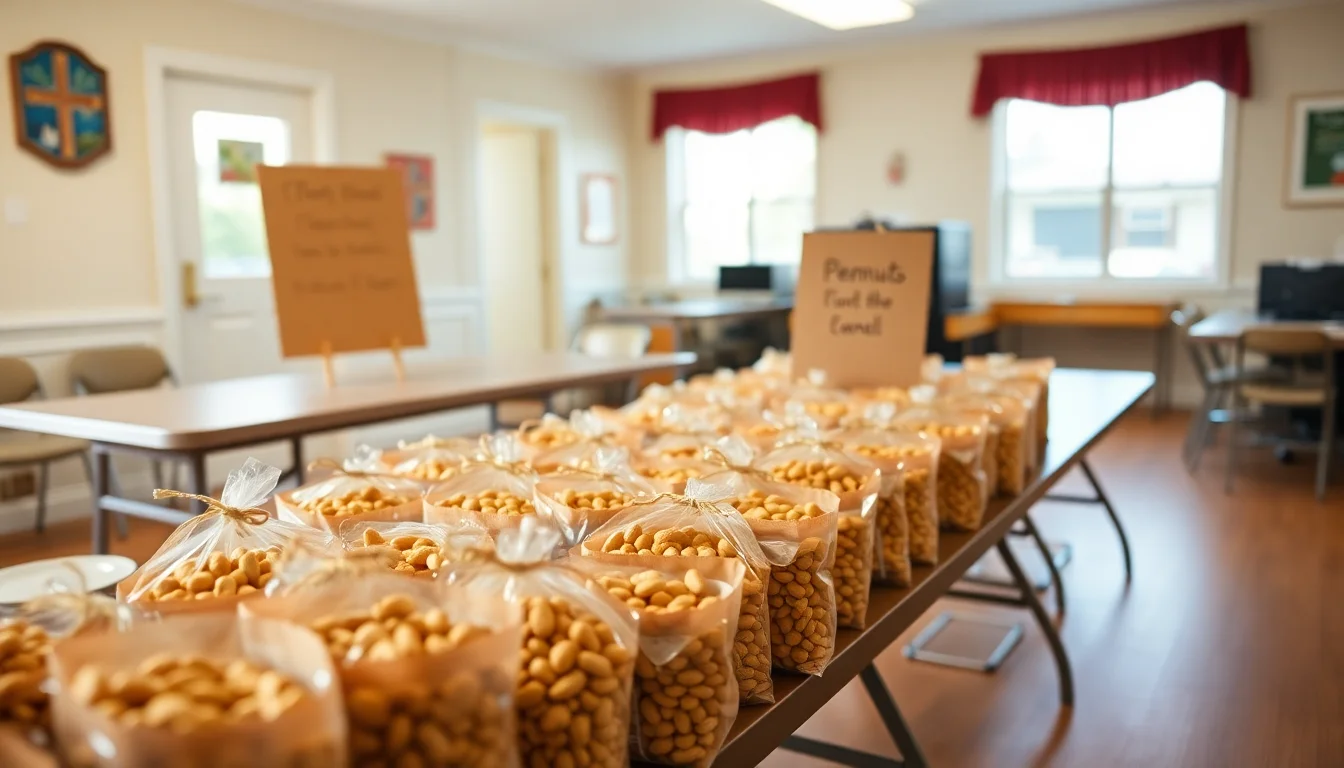 school fundraiser table with peanut bags and price sign in gymnasium